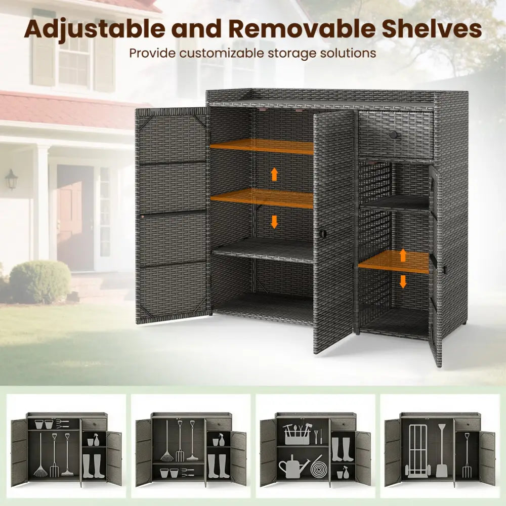 Outdoor PE Wicker Storage Cabinet with 3 Doors and Adjustable Shelves and Drawer-Gray - Gray - Sheds & Outdoor Storage