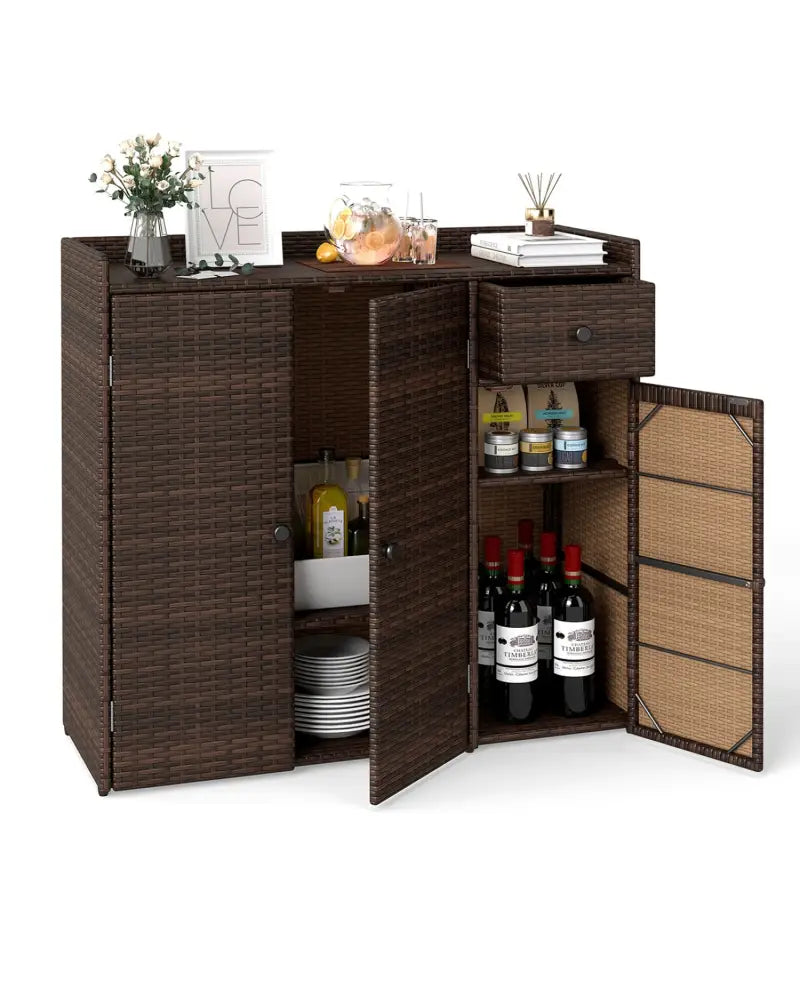 Outdoor PE Wicker Storage Cabinet with 3 Doors and Adjustable Shelves and Drawer-Brown - Brown - Sheds & Outdoor Storage