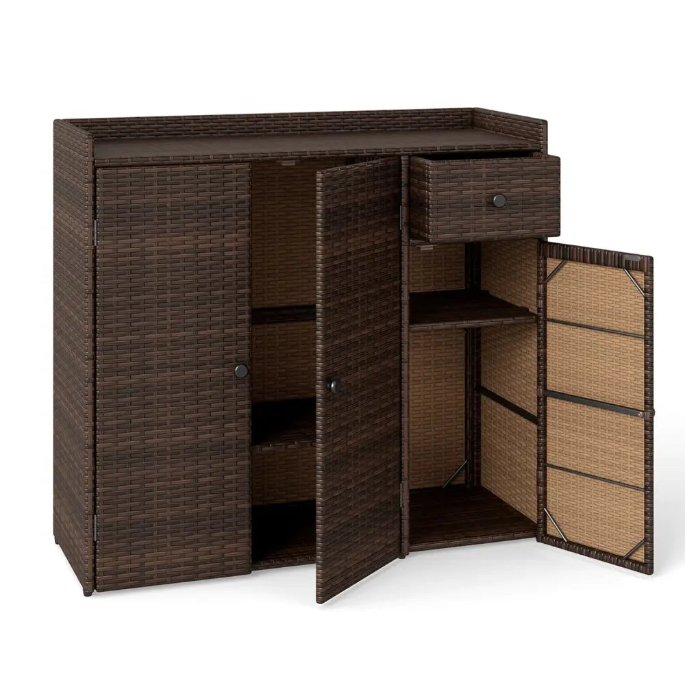 Outdoor PE Wicker Storage Cabinet with 3 Doors and Adjustable Shelves and Drawer-Brown - Brown - Sheds & Outdoor Storage