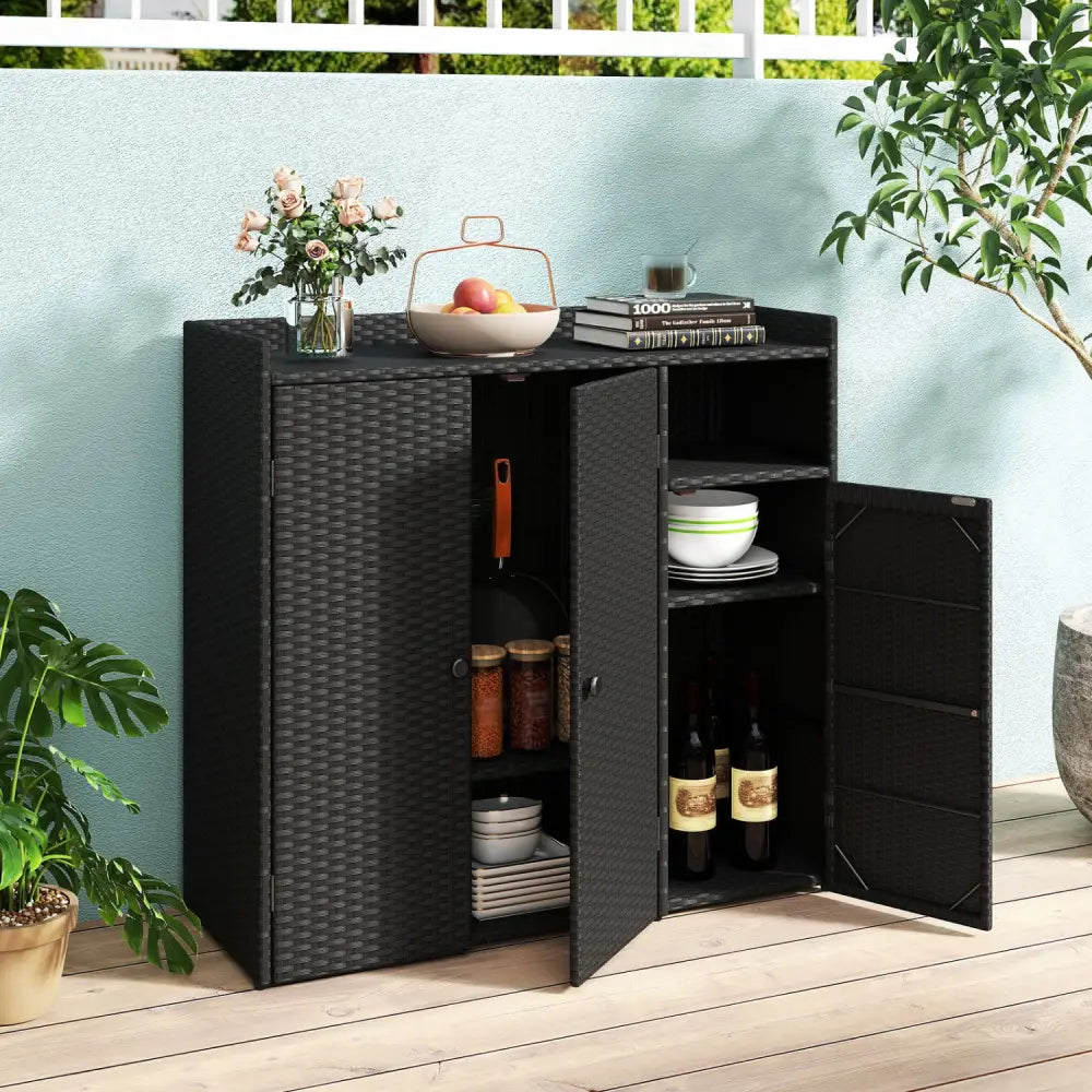 Outdoor PE Wicker Storage Cabinet with 3 Doors and Adjustable Shelves and Drawer-Black - Black - Sheds & Outdoor Storage