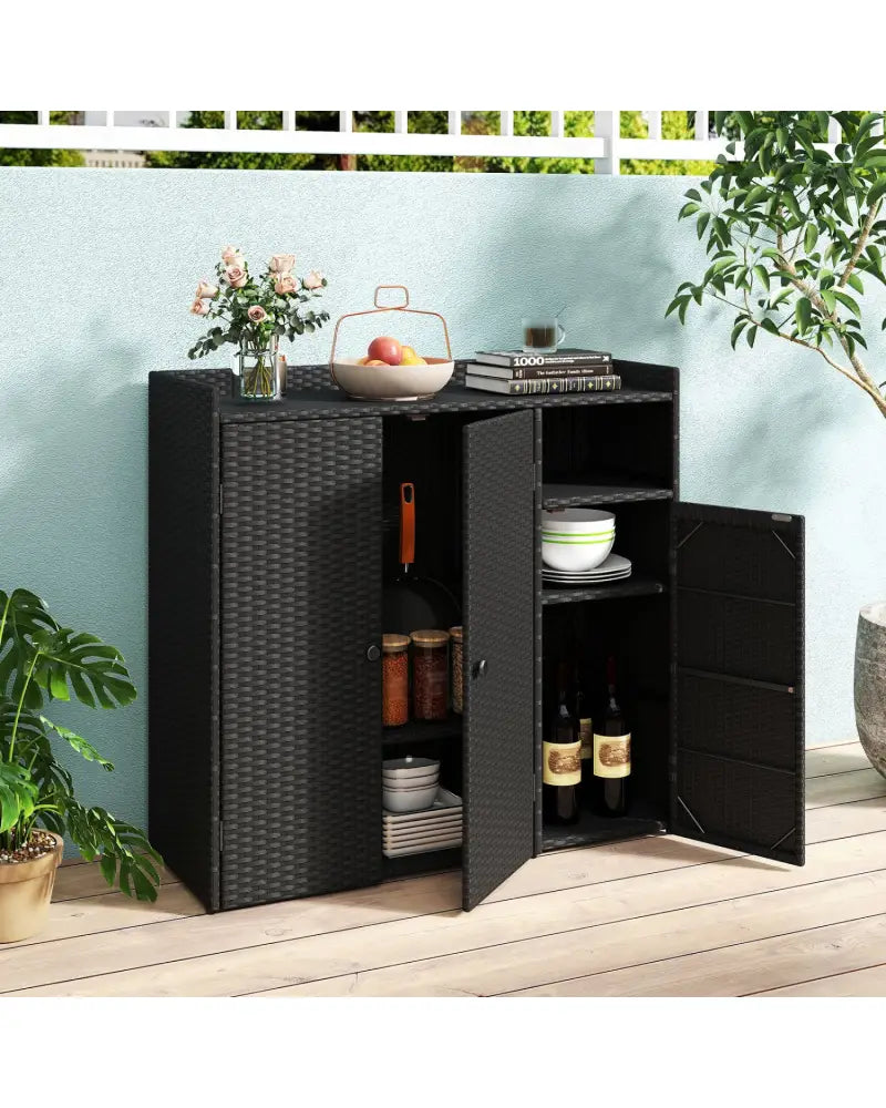 Outdoor PE Wicker Storage Cabinet with 3 Doors and Adjustable Shelves and Drawer-Black - Black - Sheds & Outdoor Storage