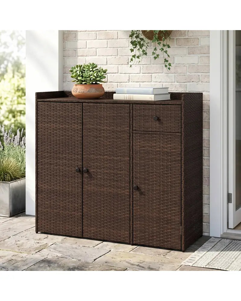 Outdoor PE Wicker Storage Cabinet with 3 Doors and Adjustable Shelves and Drawer-Brown - Brown - Sheds & Outdoor Storage