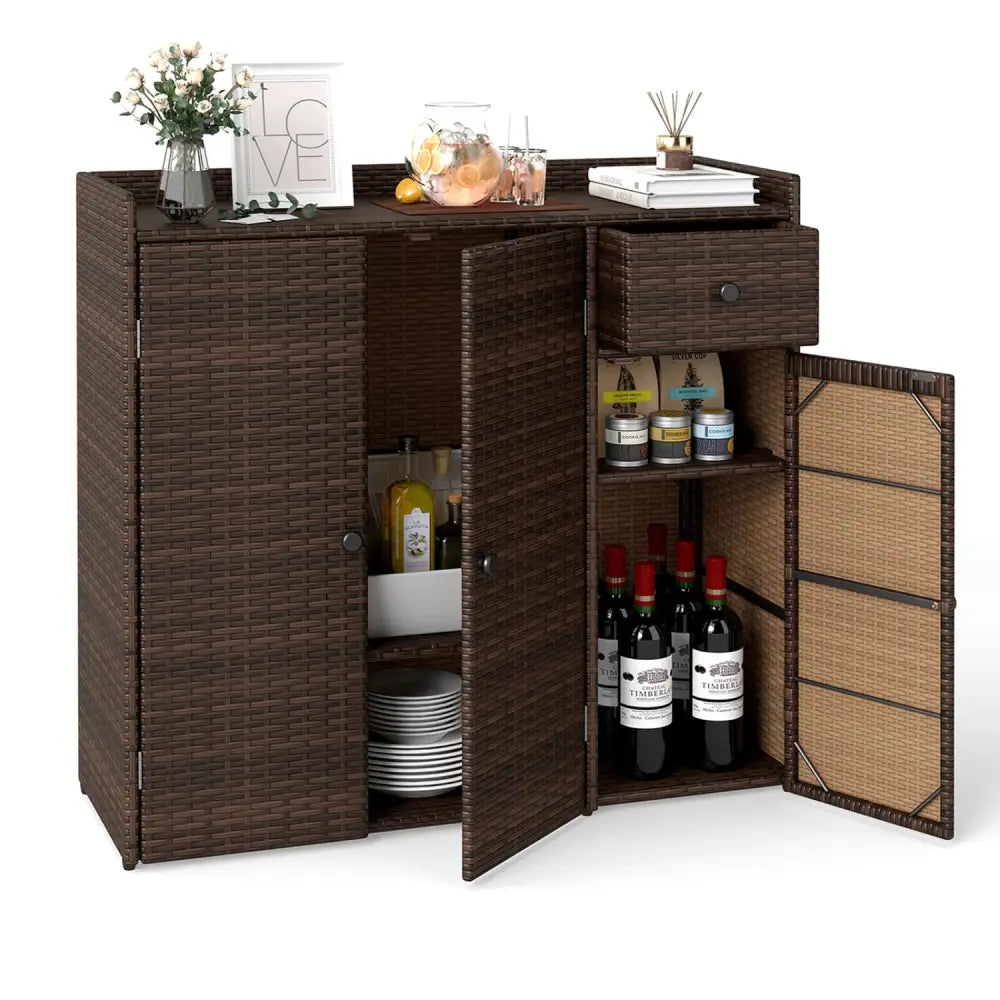 Outdoor PE Wicker Storage Cabinet with 3 Doors and Adjustable Shelves and Drawer-Brown - Brown - Sheds & Outdoor Storage