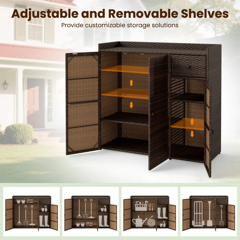 Outdoor PE Wicker Storage Cabinet with 3 Doors and Adjustable Shelves and Drawer-Brown - Brown - Sheds & Outdoor Storage