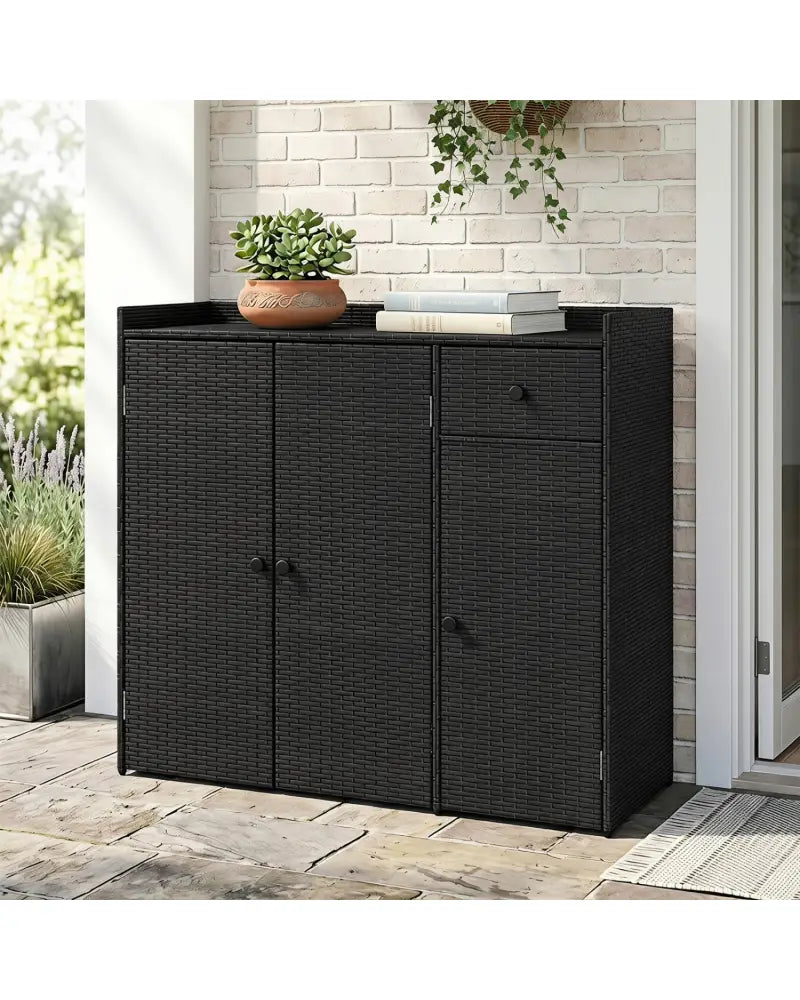 Outdoor PE Wicker Storage Cabinet with 3 Doors and Adjustable Shelves and Drawer-Black - Black - Sheds & Outdoor Storage