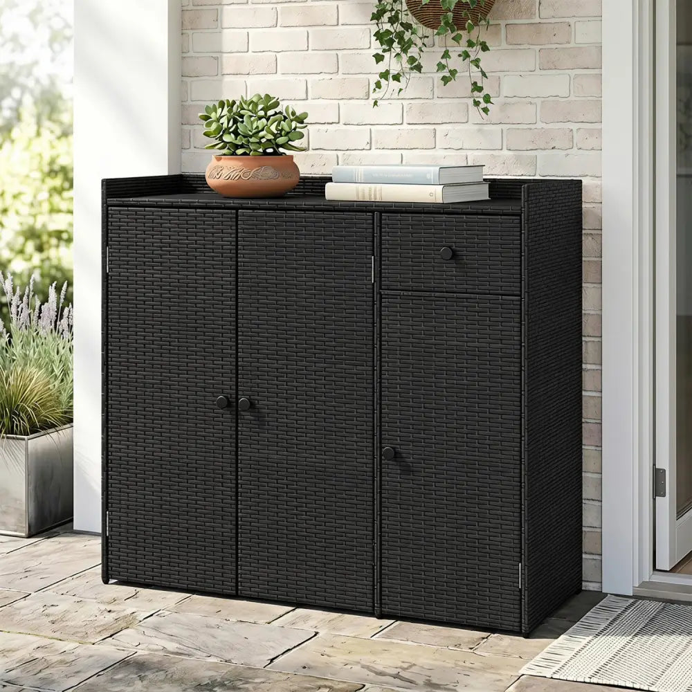 Outdoor PE Wicker Storage Cabinet with 3 Doors and Adjustable Shelves and Drawer-Black - Black - Sheds & Outdoor Storage