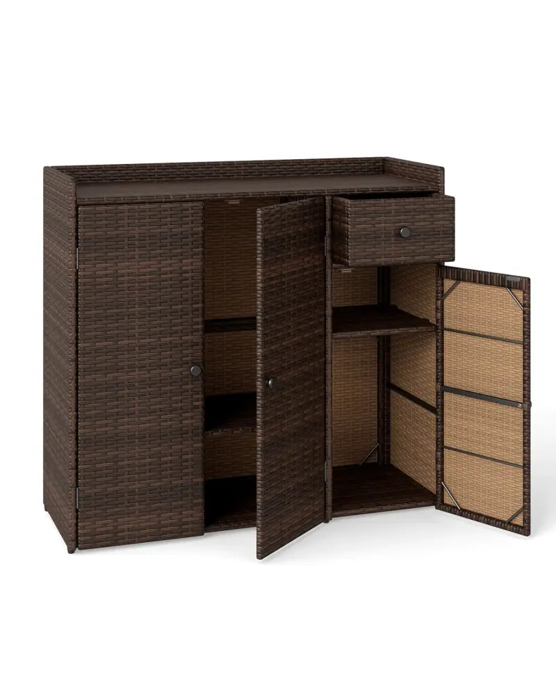 Outdoor PE Wicker Storage Cabinet with 3 Doors and Adjustable Shelves and Drawer-Brown - Brown - Sheds & Outdoor Storage