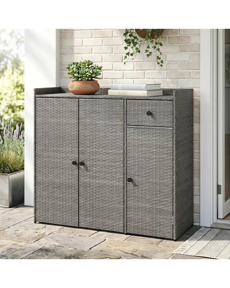 Outdoor PE Wicker Storage Cabinet with 3 Doors and Adjustable Shelves and Drawer-Gray - Gray - Sheds & Outdoor Storage