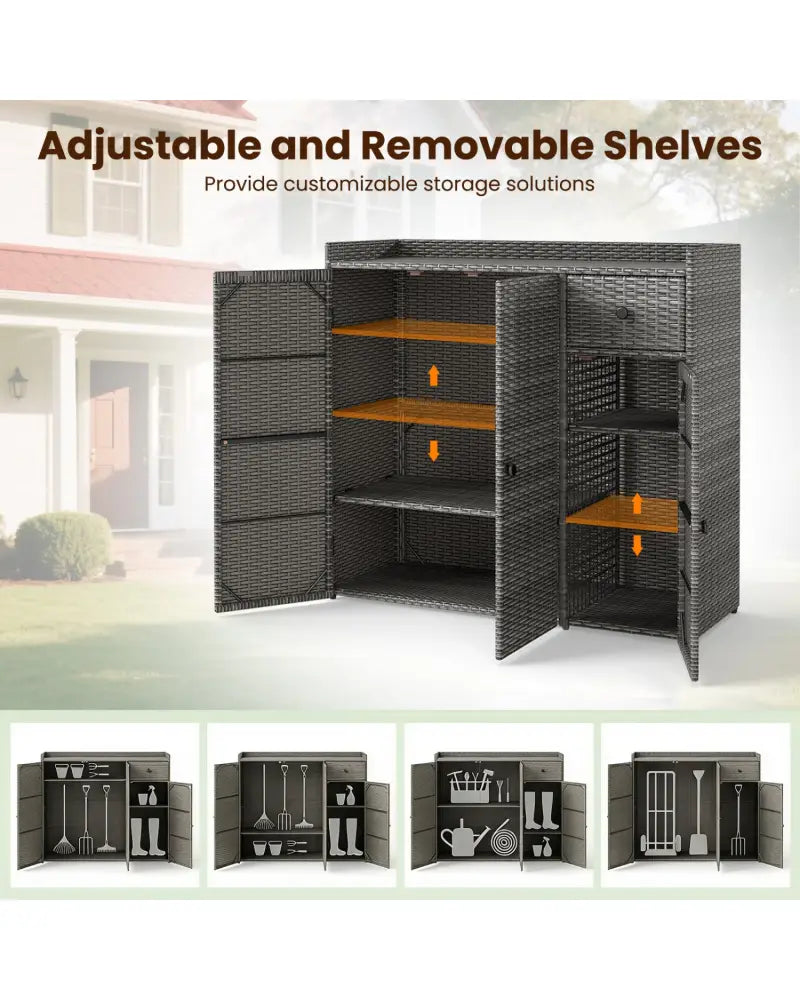Outdoor PE Wicker Storage Cabinet with 3 Doors and Adjustable Shelves and Drawer-Gray - Gray - Sheds & Outdoor Storage