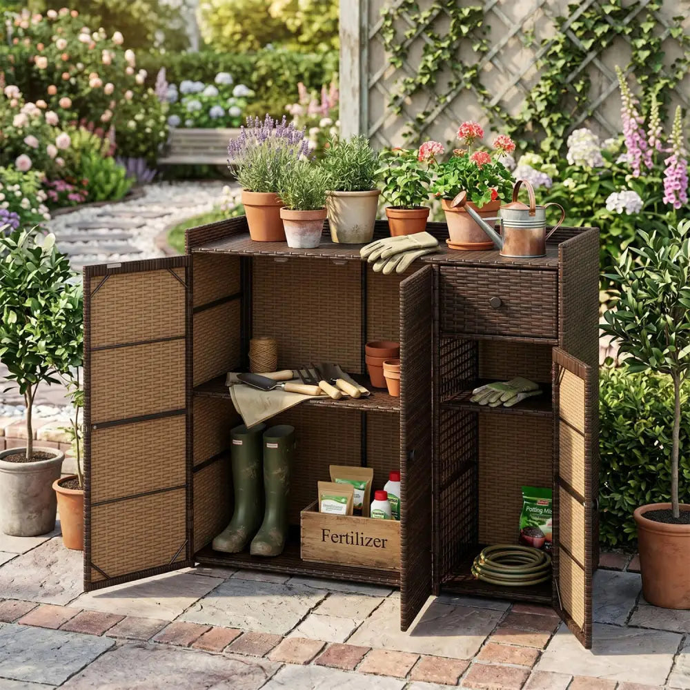 Outdoor PE Wicker Storage Cabinet with 3 Doors and Adjustable Shelves and Drawer-Brown - Brown - Sheds & Outdoor Storage