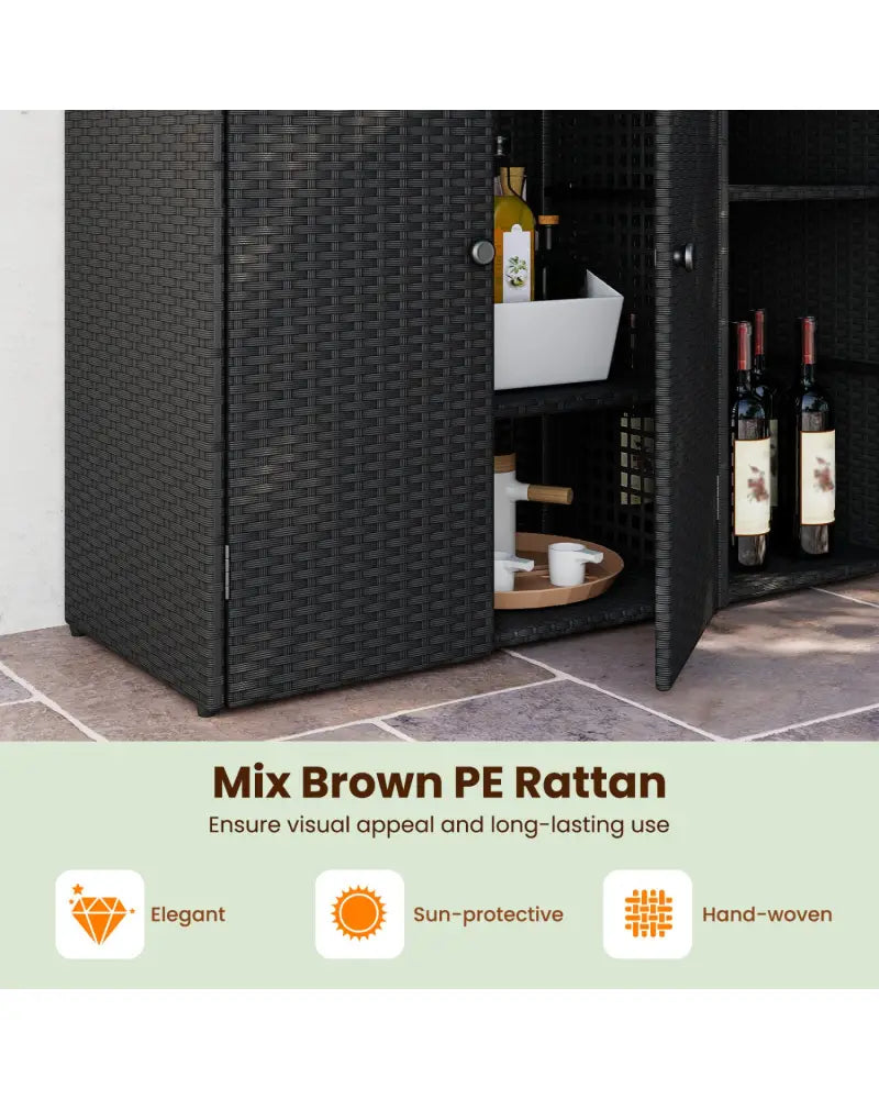 Outdoor PE Wicker Storage Cabinet with 3 Doors and Adjustable Shelves and Drawer-Black - Black - Sheds & Outdoor Storage