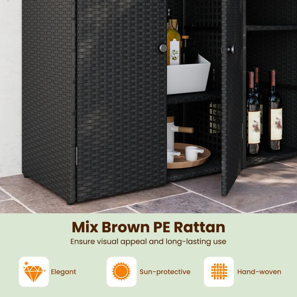Outdoor PE Wicker Storage Cabinet with 3 Doors and Adjustable Shelves and Drawer-Black - Black - Sheds & Outdoor Storage