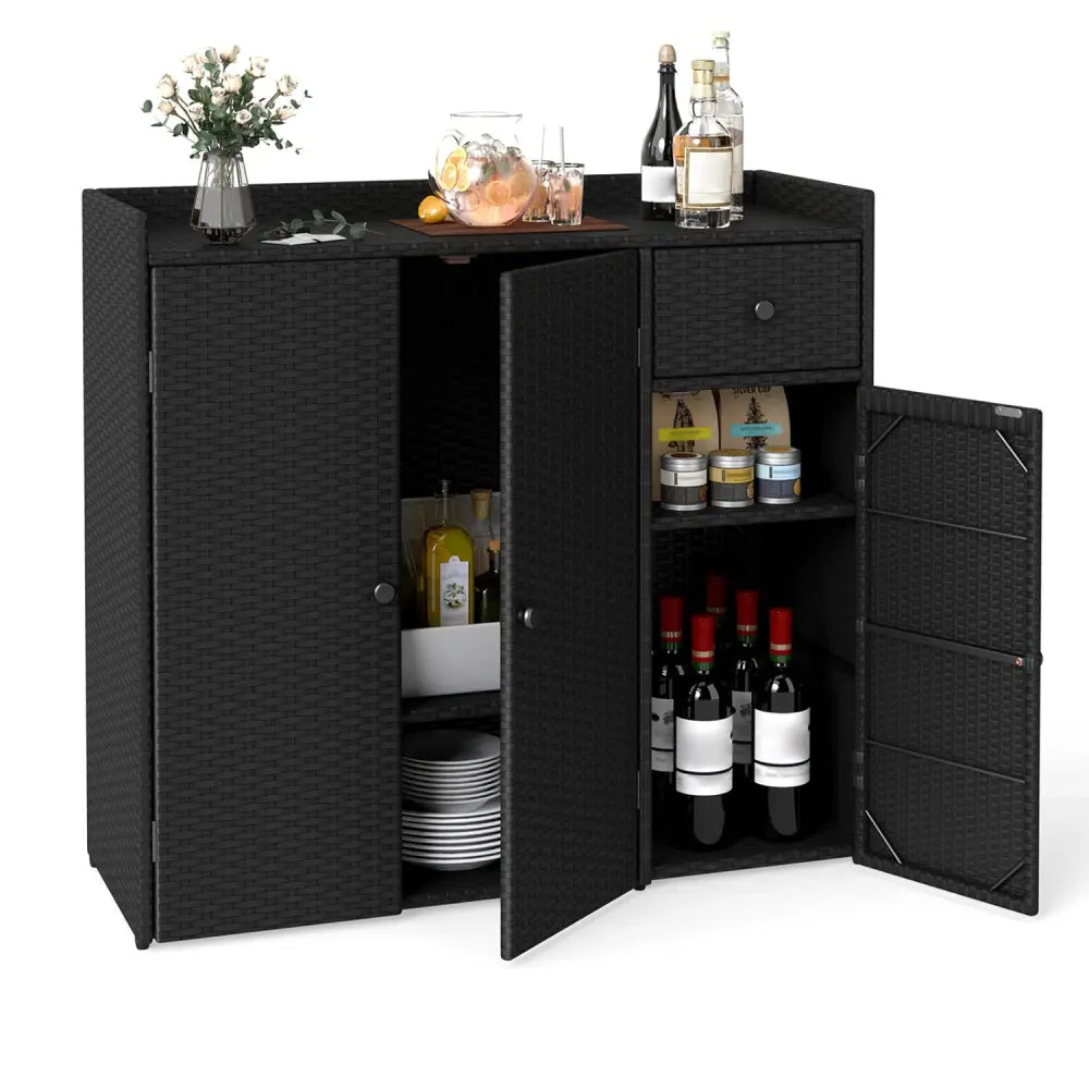 Outdoor PE Wicker Storage Cabinet with 3 Doors and Adjustable Shelves and Drawer-Black - Black - Sheds & Outdoor Storage
