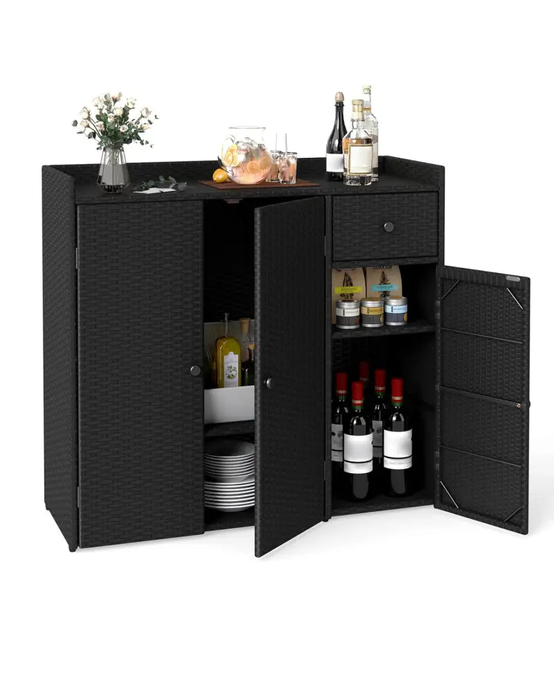 Outdoor PE Wicker Storage Cabinet with 3 Doors and Adjustable Shelves and Drawer-Black - Black - Sheds & Outdoor Storage