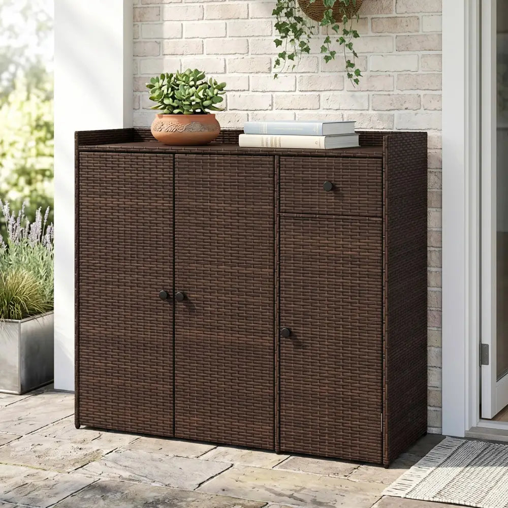Outdoor PE Wicker Storage Cabinet with 3 Doors and Adjustable Shelves and Drawer-Brown - Brown - Sheds & Outdoor Storage