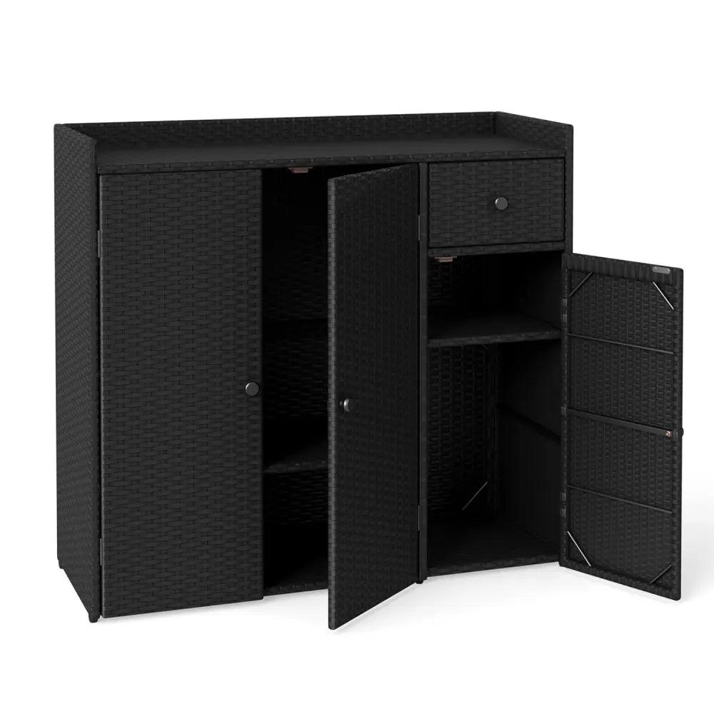 Outdoor PE Wicker Storage Cabinet with 3 Doors and Adjustable Shelves and Drawer-Black - Black - Sheds & Outdoor Storage