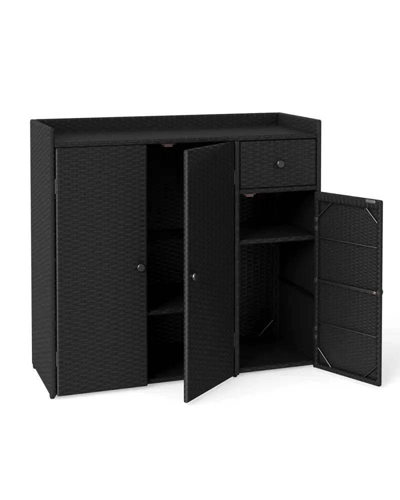 Outdoor PE Wicker Storage Cabinet with 3 Doors and Adjustable Shelves and Drawer-Black - Black - Sheds & Outdoor Storage
