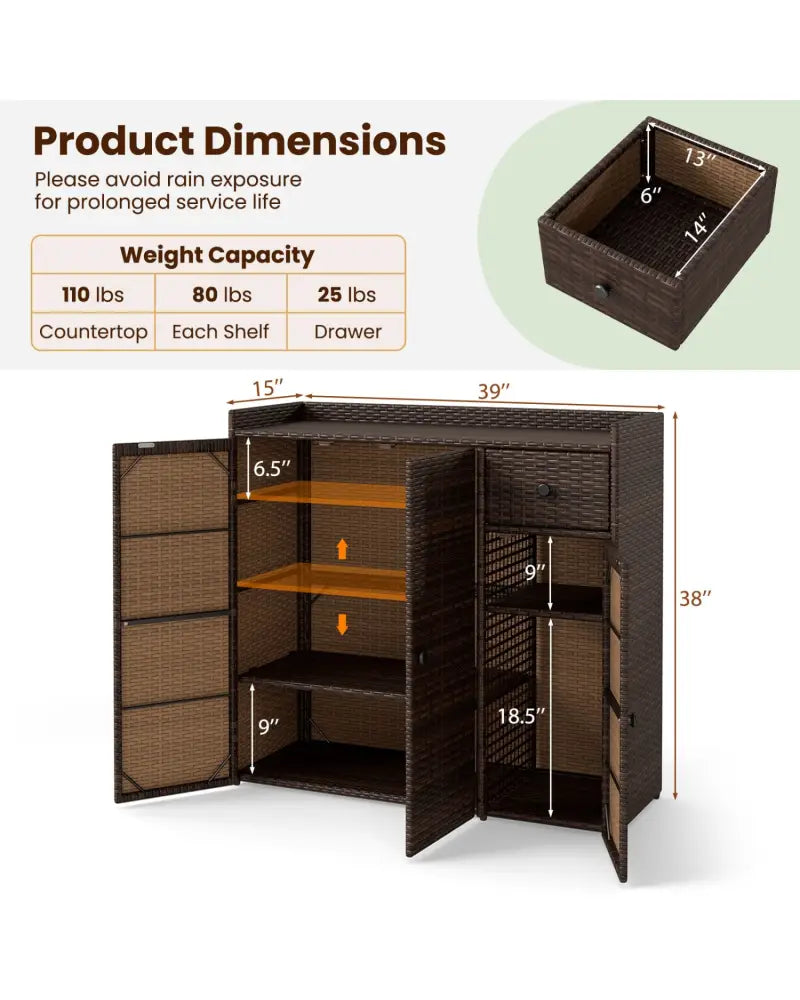 Outdoor PE Wicker Storage Cabinet with 3 Doors and Adjustable Shelves and Drawer-Brown - Brown - Sheds & Outdoor Storage