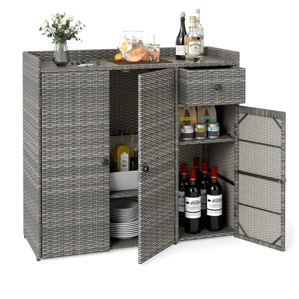 Outdoor PE Wicker Storage Cabinet with 3 Doors and Adjustable Shelves and Drawer-Gray - Gray - Sheds & Outdoor Storage