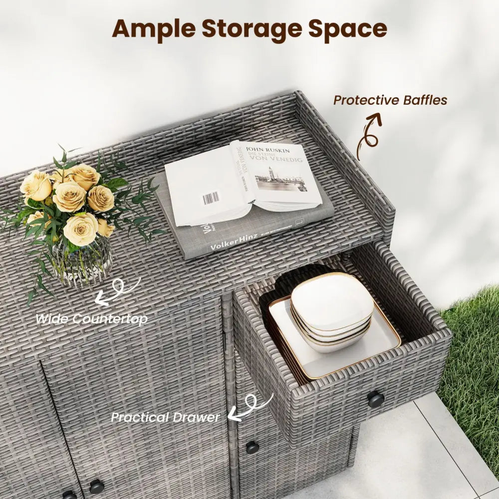 Outdoor PE Wicker Storage Cabinet with 3 Doors and Adjustable Shelves and Drawer-Gray - Gray - Sheds & Outdoor Storage