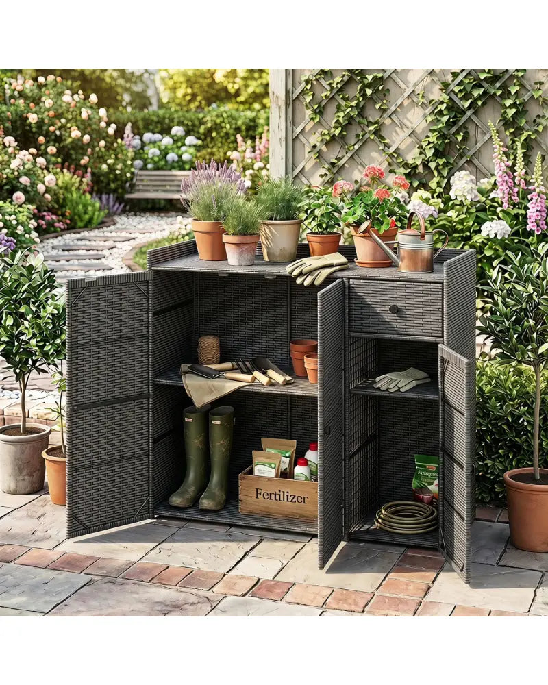 Outdoor PE Wicker Storage Cabinet with 3 Doors and Adjustable Shelves and Drawer-Gray - Gray - Sheds & Outdoor Storage