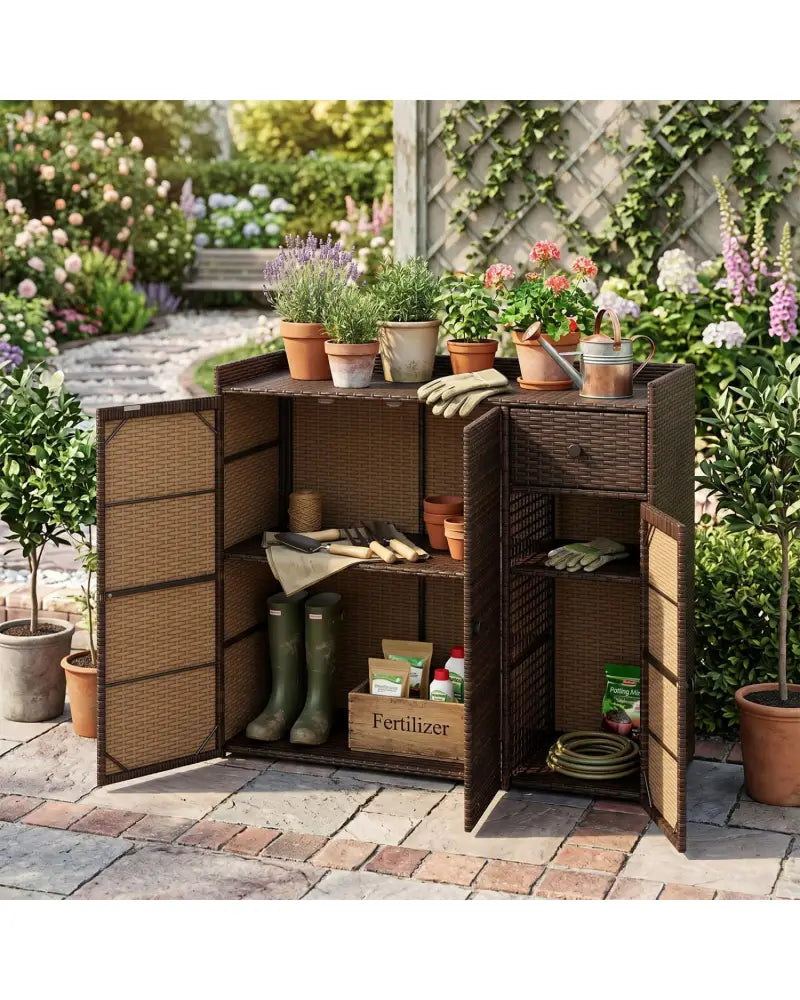 Outdoor PE Wicker Storage Cabinet with 3 Doors and Adjustable Shelves and Drawer-Brown - Brown - Sheds & Outdoor Storage