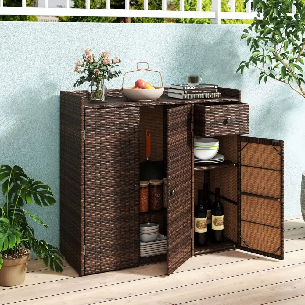 Outdoor PE Wicker Storage Cabinet with 3 Doors and Adjustable Shelves and Drawer-Brown - Brown - Sheds & Outdoor Storage