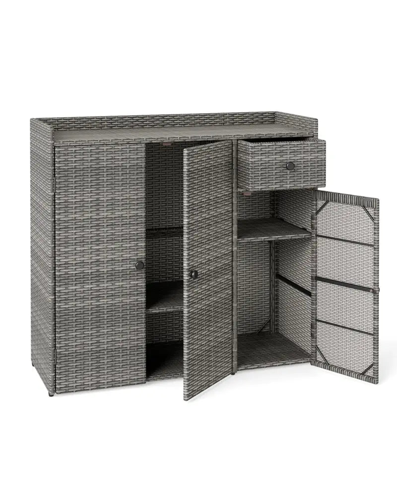 Outdoor PE Wicker Storage Cabinet with 3 Doors and Adjustable Shelves and Drawer-Gray - Gray - Sheds & Outdoor Storage