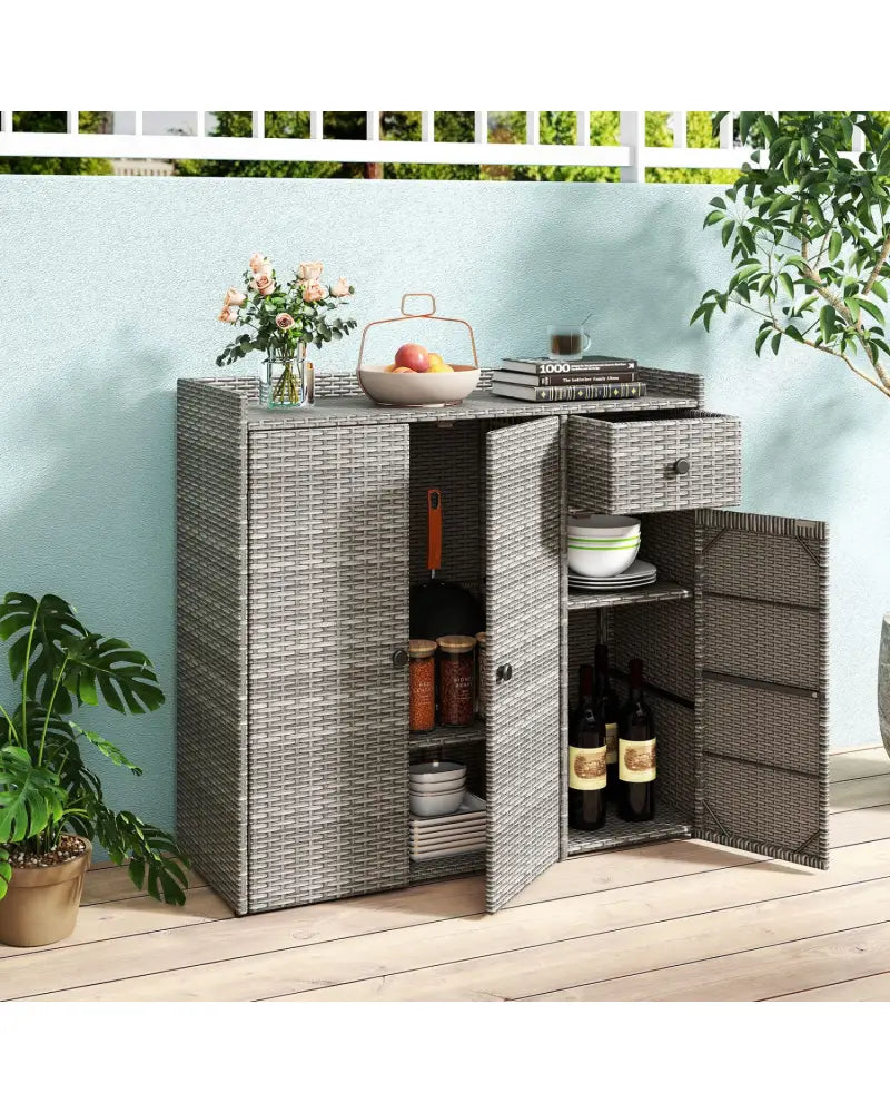 Outdoor PE Wicker Storage Cabinet with 3 Doors and Adjustable Shelves and Drawer-Gray - Gray - Sheds & Outdoor Storage