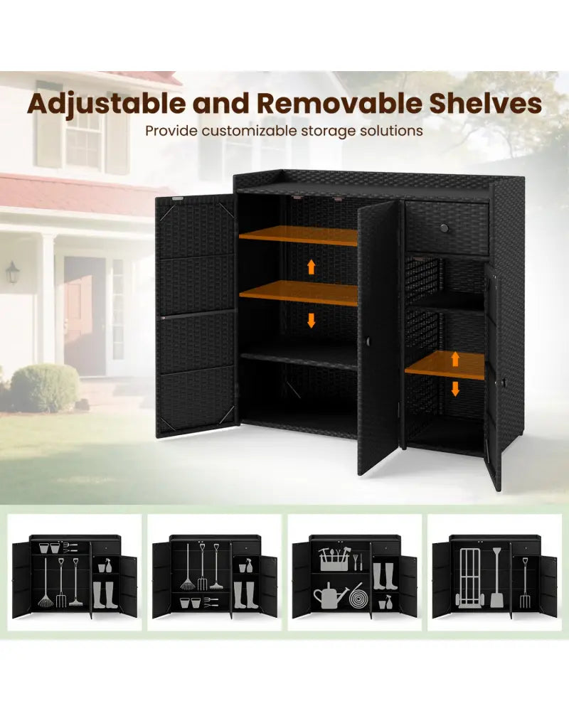 Outdoor PE Wicker Storage Cabinet with 3 Doors and Adjustable Shelves and Drawer-Black - Black - Sheds & Outdoor Storage