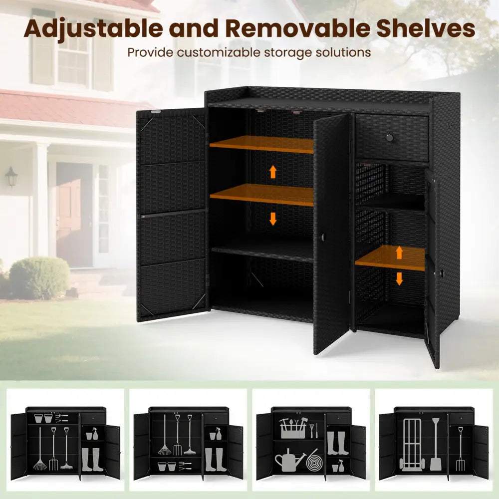 Outdoor PE Wicker Storage Cabinet with 3 Doors and Adjustable Shelves and Drawer-Black - Black - Sheds & Outdoor Storage
