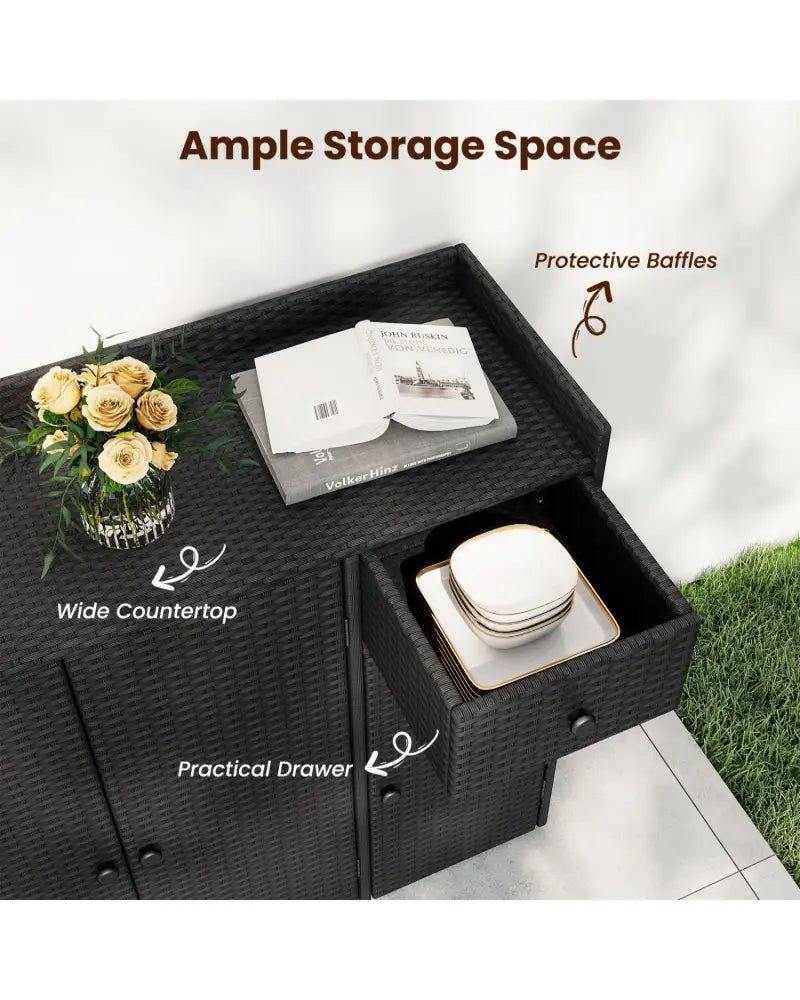 Outdoor PE Wicker Storage Cabinet with 3 Doors and Adjustable Shelves and Drawer-Black - Black - Sheds & Outdoor Storage