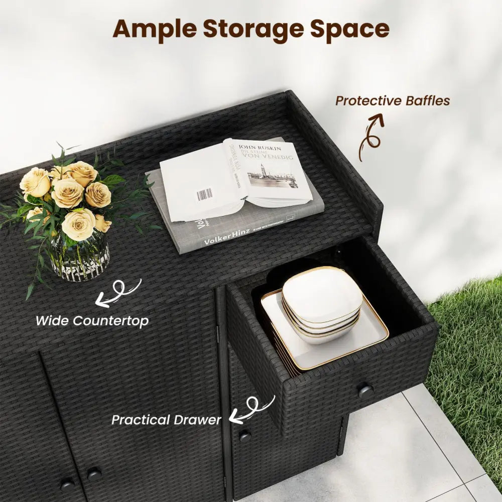 Outdoor PE Wicker Storage Cabinet with 3 Doors and Adjustable Shelves and Drawer-Black - Black - Sheds & Outdoor Storage