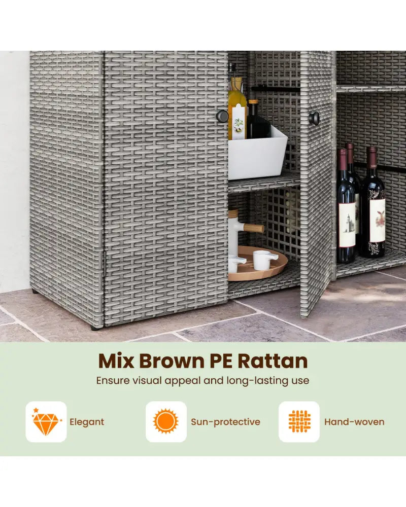 Outdoor PE Wicker Storage Cabinet with 3 Doors and Adjustable Shelves and Drawer-Gray - Gray - Sheds & Outdoor Storage