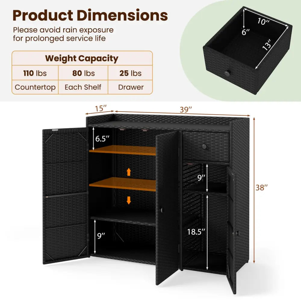Outdoor PE Wicker Storage Cabinet with 3 Doors and Adjustable Shelves and Drawer-Black - Black - Sheds & Outdoor Storage