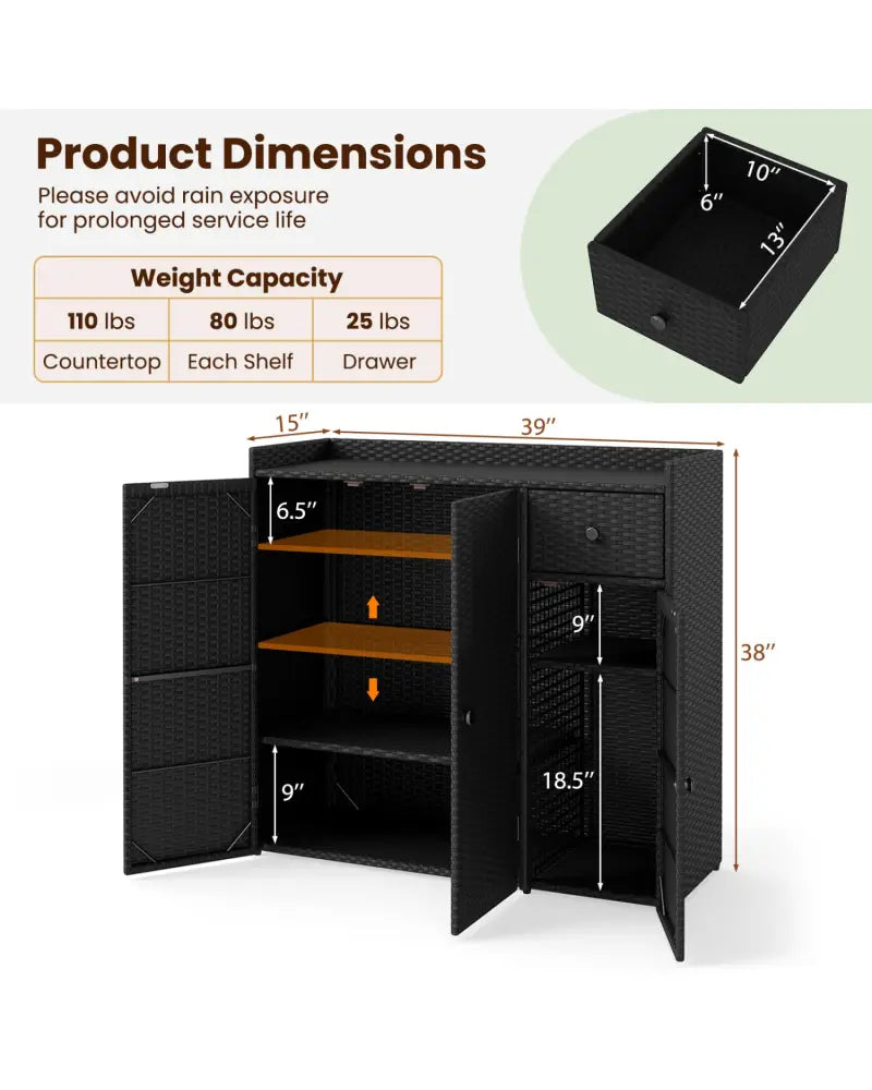 Outdoor PE Wicker Storage Cabinet with 3 Doors and Adjustable Shelves and Drawer-Black - Black - Sheds & Outdoor Storage