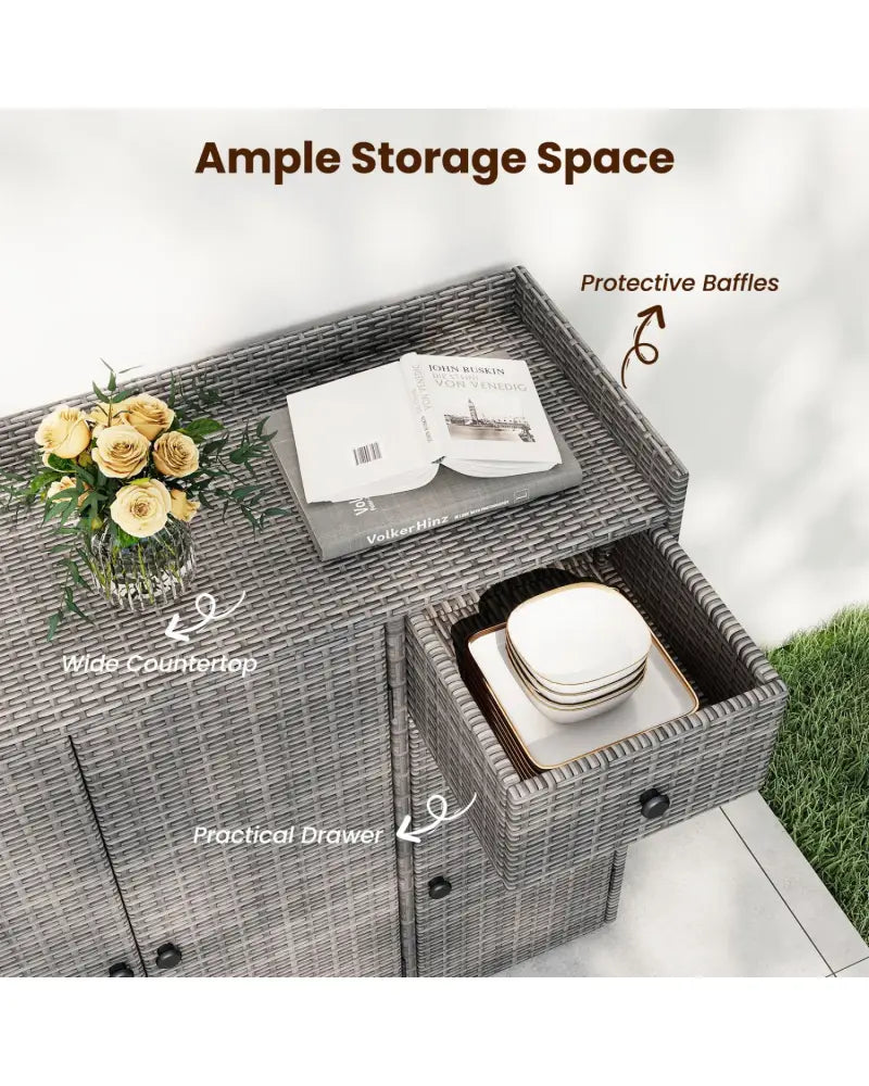 Outdoor PE Wicker Storage Cabinet with 3 Doors and Adjustable Shelves and Drawer-Gray - Gray - Sheds & Outdoor Storage