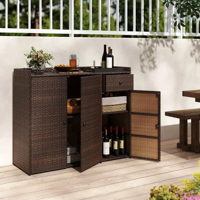 Outdoor PE Wicker Storage Cabinet with 3 Doors for Deck - Outdoor Storage & Garages