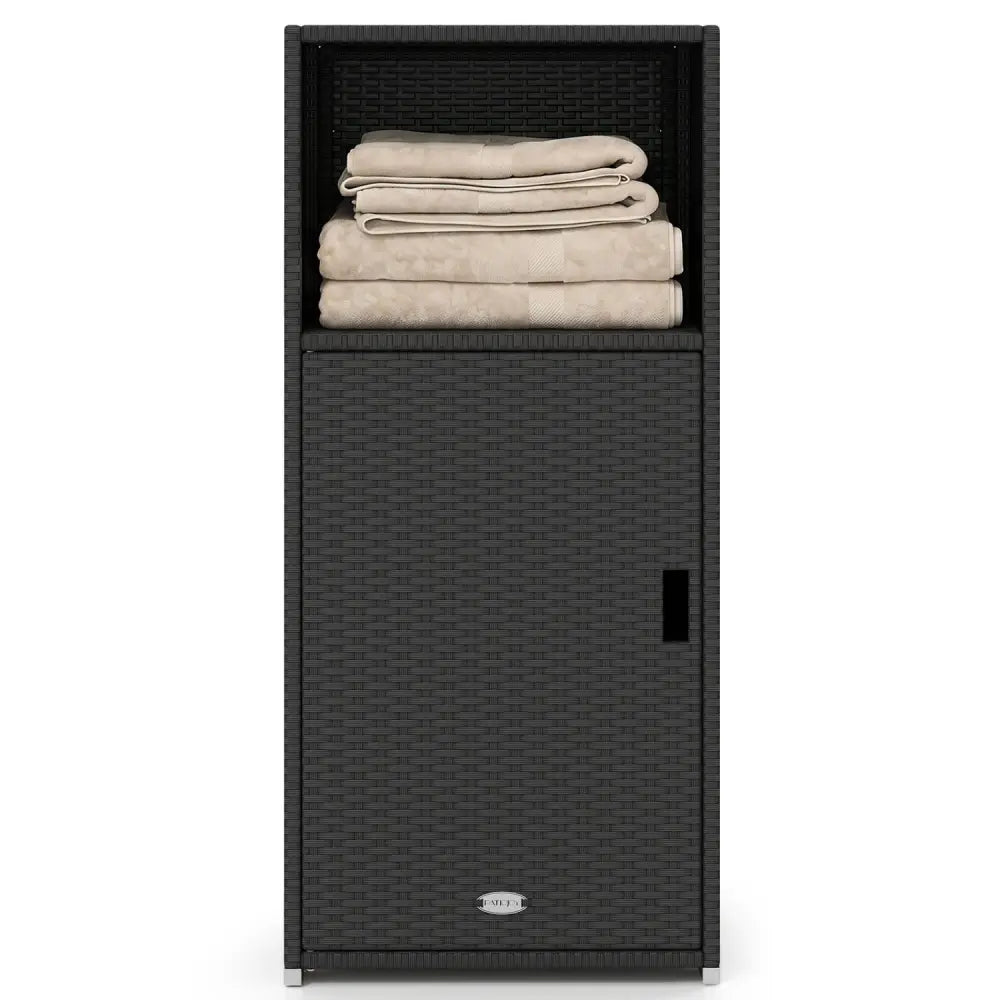 Outdoor PE Wicker Storage Cabinet with Door and Open Compartment for Patio-Black - Black - Sheds & Outdoor Storage