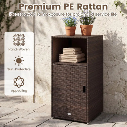 Outdoor PE Wicker Storage Cabinet with Door and Open Compartment for Patio-Brown - Brown - Sheds & Outdoor Storage