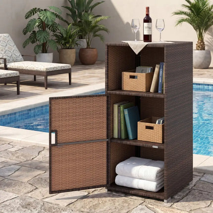Outdoor PE Wicker Storage Cabinet with Door and Open Compartment for Patio-Brown - Brown - Sheds & Outdoor Storage