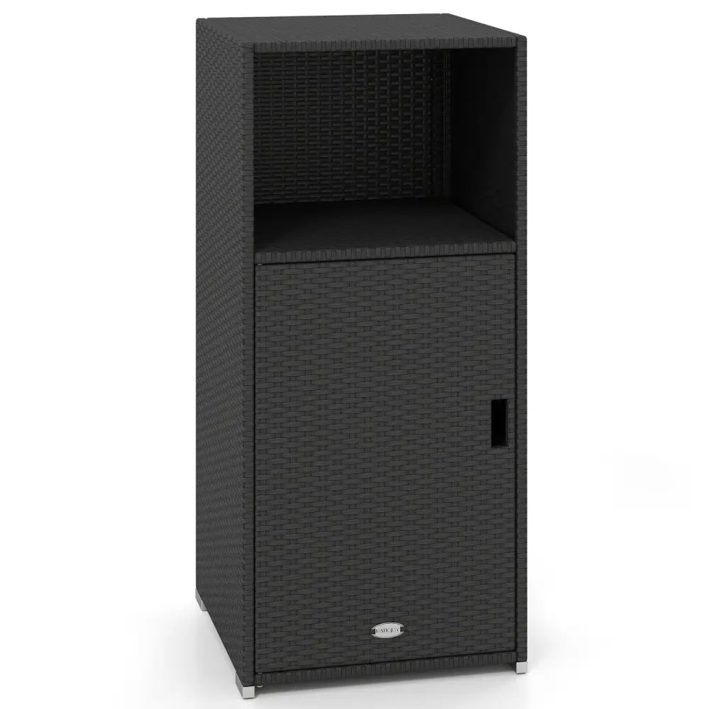 Outdoor PE Wicker Storage Cabinet with Door and Open Compartment for Patio-Black - Black - Sheds & Outdoor Storage
