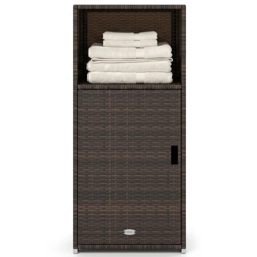 Outdoor PE Wicker Storage Cabinet with Door and Open Compartment for Patio-Brown - Brown - Sheds & Outdoor Storage