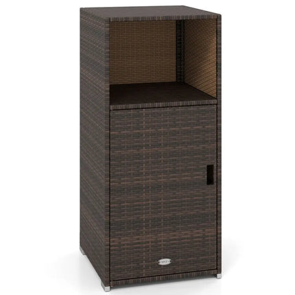 Outdoor PE Wicker Storage Cabinet with Door and Open Compartment for Patio-Brown - Brown - Sheds & Outdoor Storage
