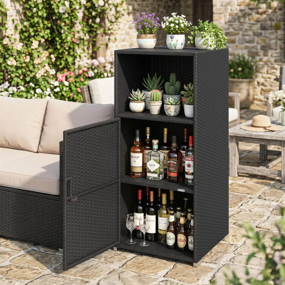 Outdoor PE Wicker Storage Cabinet with Door and Open Compartment for Patio-Black - Black - Sheds & Outdoor Storage