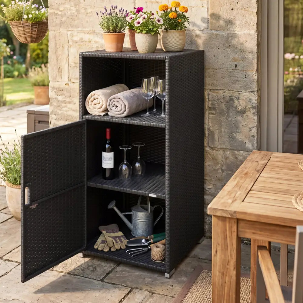 Outdoor PE Wicker Storage Cabinet with Door and Open Compartment for Patio-Black - Black - Sheds & Outdoor Storage