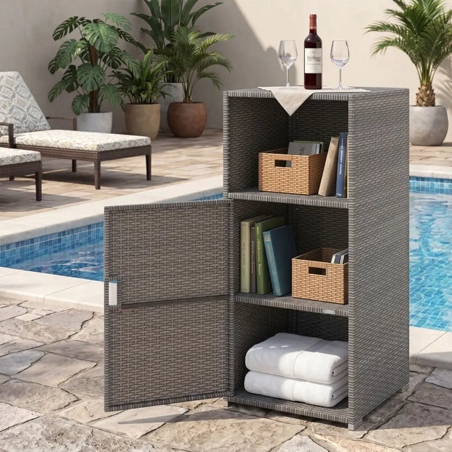 Outdoor PE Wicker Storage Cabinet with Door and Open Compartment for Patio-Gray - Gray - Sheds & Outdoor Storage
