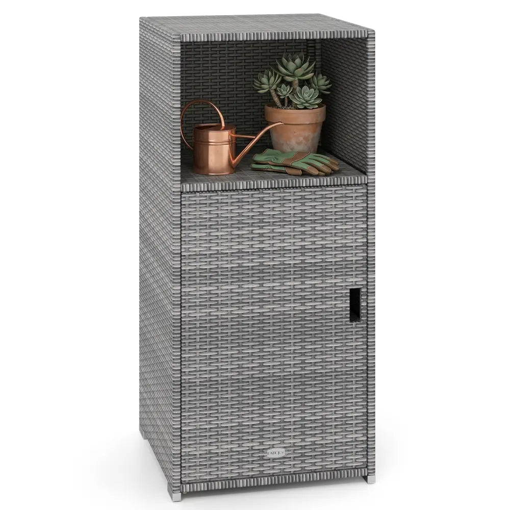 Outdoor PE Wicker Storage Cabinet with Door and Open Compartment for Patio-Gray - Gray - Sheds & Outdoor Storage