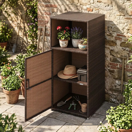 Outdoor PE Wicker Storage Cabinet with Door and Open Compartment for Patio-Brown - Brown - Sheds & Outdoor Storage