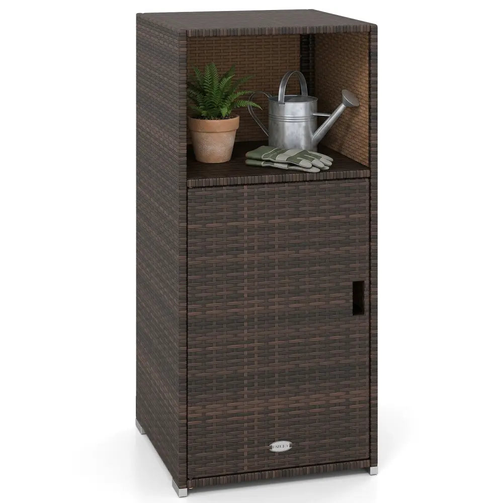 Outdoor PE Wicker Storage Cabinet with Door and Open Compartment for Patio-Brown - Brown - Sheds & Outdoor Storage